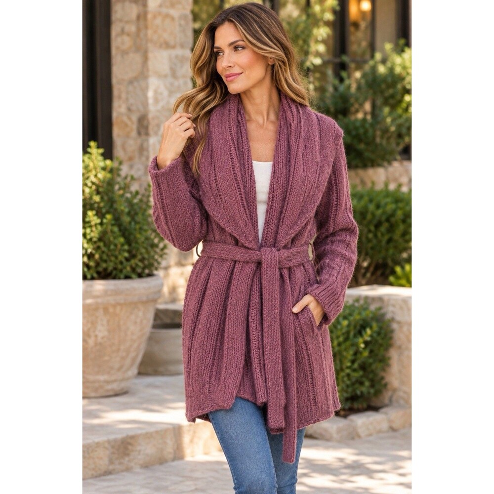 J Jill Alpaca Blend Sweater Coat XL Mauve Purple Belted Shawl Collar Cardigan